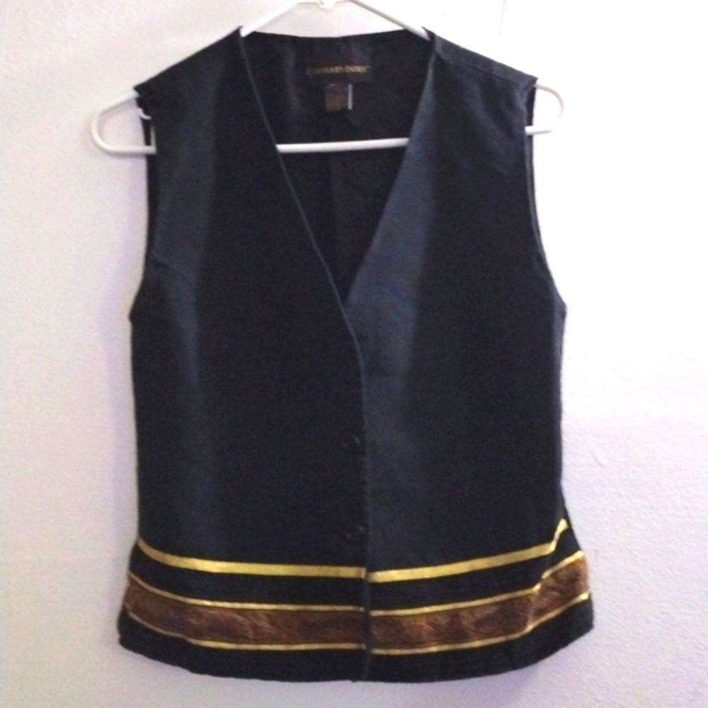 Classiques Entier Women's Petite Button Down Black Vest w/ Gold Trim Size S